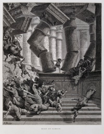 Samson ničí Baalův chrám, Ilustrace z Bible Doreovy od Gustave Dore