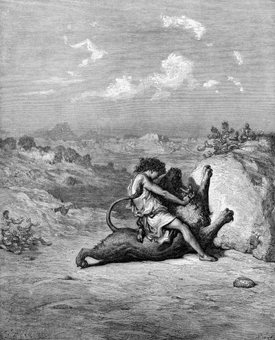 Samson zabíjí lva od Gustave Dore