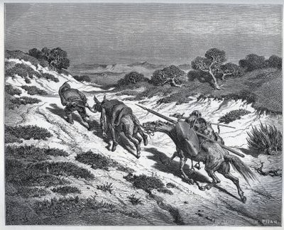 Sancho Panza, Don Quijote a jejich koně po porážce proti Yangers - z „“Don Quijote de la Mancha““ od Miguela Cervantese (1547-1616) (Don Quijote) - Dřevoryt podle kresby Gustava Dore od Gustave Dore