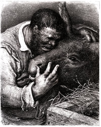 Sancho Panza pláče při líbání svého osla od Gustave Dore