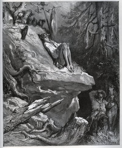 Sancho Panza najde svého pána, vždy v pokání – z „“Don Quijote de la Mancha”” od Miguela Cervantese (1547-1616) (Don Quijote) - Dřevoryt podle kresby Gustava Dore od Gustave Dore
