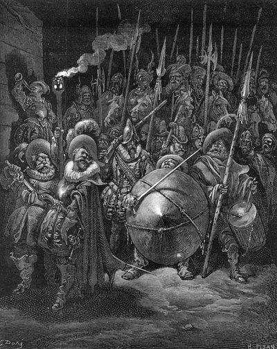 Sancho a rytíři, z „Don Quijote de la Mancha“ od Miguela Cervantese, vyryto Heliodorem Josephem Pisanem, kolem roku 1875 od Gustave Dore