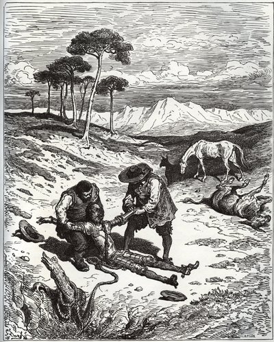 Sancho a bratranec vytáhnou Dona Quijota (spícího) z Montesinosovy jeskyně – z „“Don Quijote de la Mancha”” od Miguela Cervantese (1547-1616) (Don Quijote) - Dřevoryt podle kresby Gustava Dorea od Gustave Dore