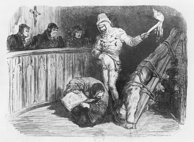 Scéna inkvizice, ilustrace z „Essais“ od Michela Eyquema de Montaigne (1533-92) (rytina) (černobílá fotografie) od Gustave Dore