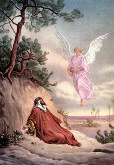Sada biblických vzdělávacích pohlednic z 50. let , vyrobených podle výtvarného umění: zde podle "Eliáše zachráněného andělem" od Gustava Doreho. od Gustave Dore