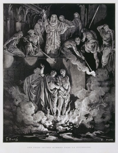Šadrach, Mišach a Abednego v ohnivé peci, ilustrace z Doreovy bible od Gustave Dore