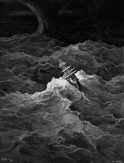 Loď v rozbouřeném moři, scéna z filmu The Rime of the Ancient Mariner od S.T. Coleridge, od S.T. Coleridge, vydal Harper und Brothers, New York, 1876 (dřevoryt) od Gustave Dore