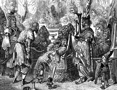 Sindibád námořník (Sindibád) - příběh tisíce a jedné (1001) noci - ilustrace Gustave Dore (detail) - Maxwellovo vydání 1865 - Prolog: chudý nosič (Hinbad) se představuje před Sindibádem, který zestárl a zbohatl. Ten mu řekne od Gustave Dore