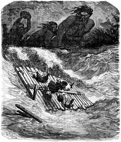 Sindibád námořník (Sindibád) - příběh tisíce a jedné (1001) noci - ilustrace Gustave Dore - vydání Maxwell 1865 - Třetí plavba: Sindibád a jeho společníci, kteří se vydali na moře na voru, jsou pronásledováni obry, kteří na ně házejí obrovské kameny - s od Gustave Dore