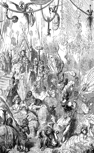 Sindibád námořník (Sindibád) - příběh tisíce a jedné (1001) noci - ilustrace Gustave Dore - Maxwellovo vydání 1865 - šestá plavba - tato rytina může představovat dvůr krále Serendibu nebo dvůr chalífy Harúna al-Rašída (Harún al-Rašíd). od Gustave Dore