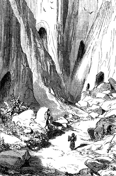 Sindibád námořník (Sindibád) - příběh tisíce a jedné (1001) noci - ilustrace Gustave Dore - vydání Maxwell 1865 - Druhá plavba: Sindibád objeví údolí s diamanty, které je však bohužel obsazeno obrovskými hady. Vezme si refu od Gustave Dore