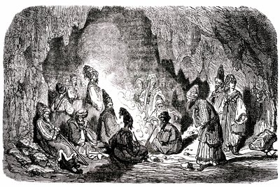 Sindibád námořník (Sindbad) - příběh tisíce a jedné (1001) noci - ilustrace Gustave Dore - Maxwellovo vydání 1865 - První plavba: Sindibád, opuštěný uprostřed moře svými společníky, dorazil na ostrov a v jeskyni se setkal s bledulí. od Gustave Dore