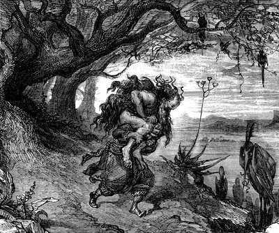 Sindibád námořník (Sindibád) - příběh tisíce a jedné noci (1001) - ilustrace Gustave Dore (detail) - vydání Maxwell 1865 - Pátá plavba: Sindibád je nucen nosit na rameni starce, který na něm lpí a od něhož se už nemůže odpoutat. od Gustave Dore