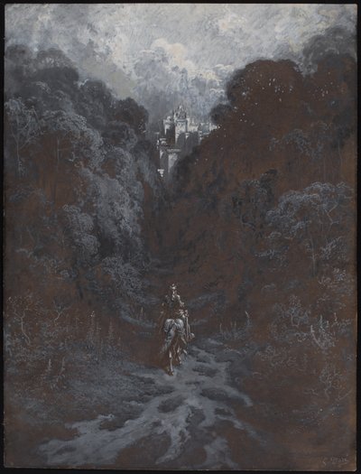 Sir Lancelot se blíží k hradu Astolat od Gustave Dore