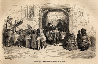 Náčrt pořízený v přímém přenosu: žebráci ve Valpadenas (Kanál). Rytina k ilustraci plavby do Španělska od Gustava Dorea (1832-1883), ilustrátora a barona Ch. Davillierův reaktor, v roce 1862, publikovaný v „Le tour du monde, nouveau journal des voyages“, p od Gustave Dore