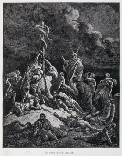 Mojžíš tedy vyrobil bronzového hada a pověsil ho na kůl. Numeri 21:7, ilustrace z Bible Doreho od Gustave Dore