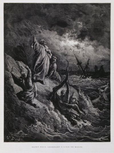 Přistání svatého Pavla na Maltě, ilustrace z Doreho bible od Gustave Dore