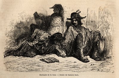 Studenti tuňáka (nebo tunantes) v okrese univerzity Alcala de Henares, zvláštností těchto studentů, kteří přijali zahálčivý, svobodný a potulný život, je nestudovat, načrtl naživo Gustave Dore. Rytina pro ilustraci plavby od Gustave Dore