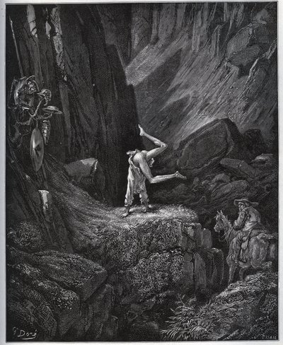 Akrobatické pokání Dona Quijota v Sierra Morena – z „“Dona Quijota de la Mancha”” od Miguela Cervantese (1547-1616) (Don Quijote) – dřevořez podle kresby Gustava Dorea od Gustave Dore