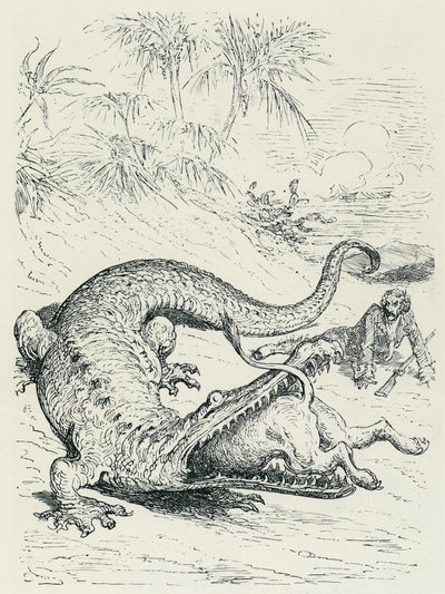 "Dobrodružství barona Prášila" (Munchhausen): Neohrožený baron Prášil pronásledovaný lvem zkříží cestu obrovskému krokodýlovi, který lva sežere. Ilustrace Gustava Dorého Konec 19. století. od Gustave Dore