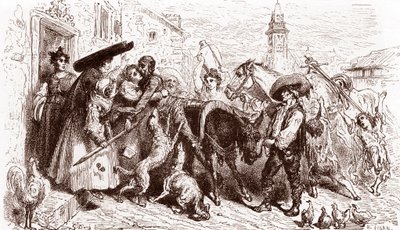 Zbitý Quijote se vrací domů Rytina Gustava Dorea (1832-1883) pro „L