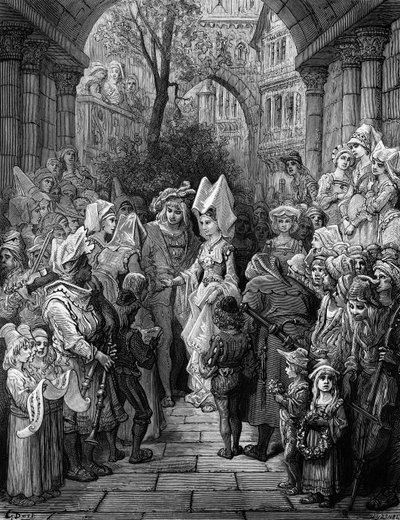 Nevěsta a ženich vstupující do sálu, scéna z filmu The Rime of the Ancient Mariner od S.T. Coleridge, vydal Harper und Brothers, New York, 1876 (dřevoryt) od Gustave Dore