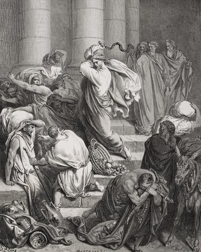 Kupci a prodávající vyhnáni z chrámu, Lukáš 19:45–46, ilustrace z Doreovy „Svaté bible“, vyryté Bertrandsem, 1866 od Gustave Dore