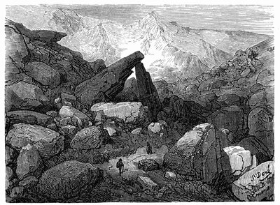 Stezka chaosu vedoucí k Cirque de Gavarnie: rytina Gustava Doreho ilustrující knihu "Cesta do Pyrenejí Hippolyta Taina", Hachette 1860. od Gustave Dore