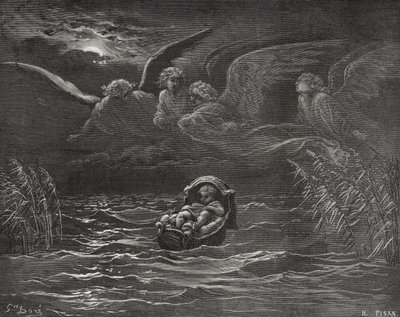 Dítě Mojžíš na Nilu, Exodus 2:1-4, ilustrace z Doreovy 