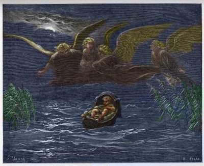 Dítě Mojžíš na Nilu obklopené anděly strážnými - od Gustave Dore