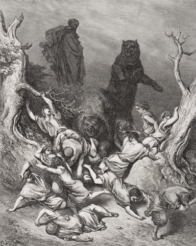 The Children Destroyed by Bears, ilustrace z Doreovy „The Holy Bible“, 1866 od Gustave Dore