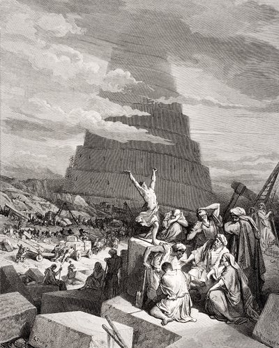 Zmatek jazyků, Genesis 11:7-9, ilustrace z Doreovy „Svaté bible“, vyryl Maurand, 1866 (rytina) od Gustave Dore