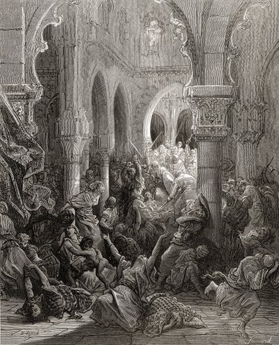 Křižáci masakrují obyvatele Caesareje, ilustrace z 