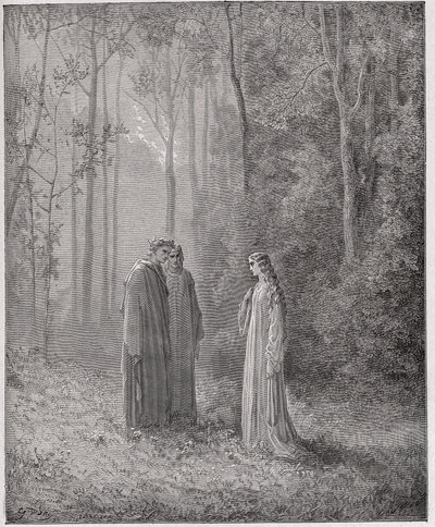 Božská komedie (La Divina Comedia, La Divine Comedie), Purgatorio, Canto 5: Dante mluví s Pia de Tolomei (Tolommei) - od Dante Alighieri (1265-1321) - ilustrace Gustave Dore (1832-1883) od Gustave Dore
