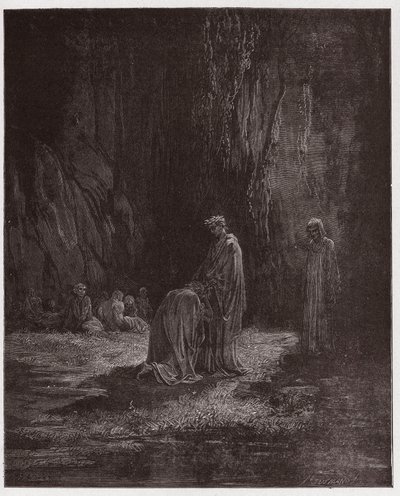 Božská komedie (La Divina Comedia, La Divine Comedie), Purgatorio, Canto 7: Básník Sordello, užaslý, klečí před Virgilem - Dante Alighieri (1265-1321) - Ilustrace Gustave Dore (1832-1883) od Gustave Dore
