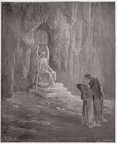 Božská komedie (La Divina Comedia, La Divine Comedie), Purgatorio, Canto 9: Dante a Virgil u portálů očistce - od Dante Alighieri (1265-1321) - ilustrace Gustave Dore (1832-1883) od Gustave Dore