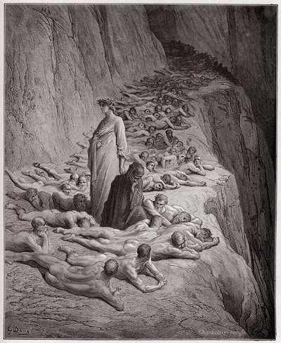 Božská komedie (Božská komedie, Božská komedie), Purgatorio, Canto 19: Duše lakomých: Adrian V mluví s Dantem - od Dante Alighieri (1265-1321) - Ilustrace Gustave Dore (1832-1883) od Gustave Dore
