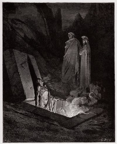 Božská komedie (La Divina Commedia, La Divine Comedie), Inferno, Canto 10: Farinata degli Uberti oslovuje Danteho - od Dante Alighieri (1265-1321) - Ilustrace Gustave Dore (1832-1883) od Gustave Dore
