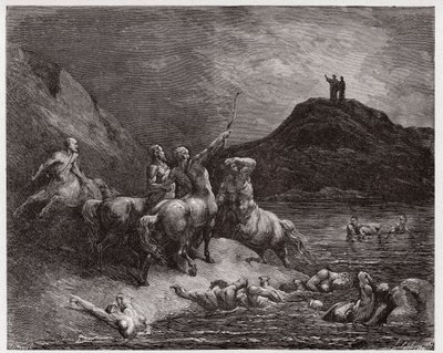 Božská komedie (La Divina Commedia, La Divine Comedie), Inferno, Canto 12: Nessus a kentauři - Dante Alighieri (1265-1321) - Ilustrace Gustave Dore (1832-1883) od Gustave Dore