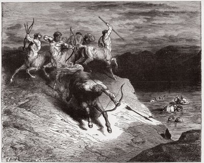Božská komedie (La Divina Commedia, La Divine Comedie), Inferno, Canto 12: Kentauři útočí na duše ve vroucí krvi - Dante Alighieri (1265-1321) - Ilustrace Gustave Dore (1832-1883) od Gustave Dore