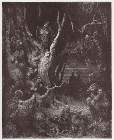 Božská komedie (La Divina Commedia, La Divine Comedie), Inferno, Canto 13: Harpyje v lese sebevrahů - Dante Alighieri (1265-1321) - Ilustrace Gustave Dore (1832-1883) od Gustave Dore