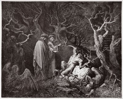 Božská komedie (La Divina Commedia, La Divine Comedie), Inferno, Canto 13: Sebevraždy v lese - Dante Alighieri (1265-1321) - Ilustrace Gustave Dore (1832-1883) od Gustave Dore