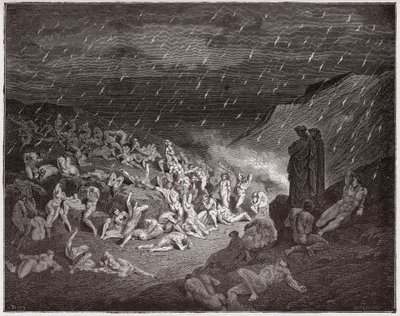 Božská komedie (La Divina Commedia, La Divine Comedie), Inferno, Canto 14: Násilník, mučený v dešti ohně - Dante Alighieri (1265-1321) - Ilustrace Gustave Dore (1832-1883) od Gustave Dore