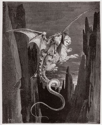 Božská komedie (La Divina Commedia, La Divine Comedie), Inferno, Canto 17: Sestup do propasti na Geryonových zádech - Dante Alighieri (1265-1321) - Ilustrace Gustave Dore (1832-1883) od Gustave Dore