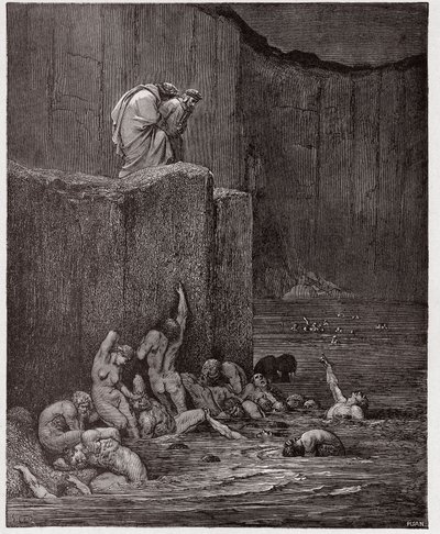 Božská komedie (La Divina Commedia, La Divine Comedie), Inferno, Canto 18: Milenci a lichotníci v osmém kruhu - Dante Alighieri (1265-1321) - Ilustrace Gustave Dore (1832-1883) od Gustave Dore
