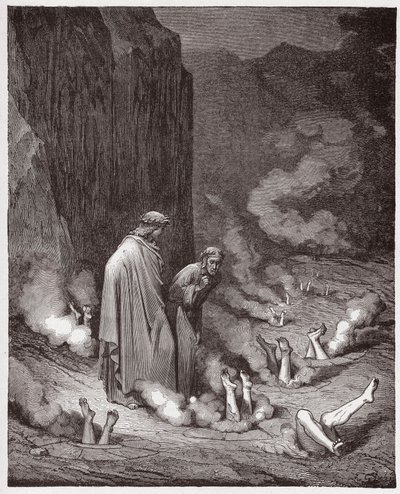 Božská komedie (La Divina Commedia, La Divine Comedie), Inferno, Canto 19: Dante kárá papeže Mikuláše III. ve čtvrté Bolgii - od Dante Alighieriho (1265-1321) - Ilustrace Gustave Dore (1832-1883) od Gustave Dore
