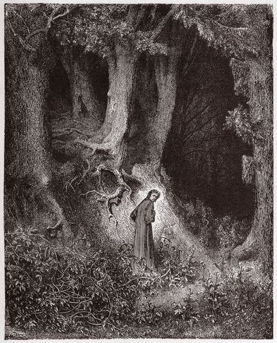 Božská komedie (La Divina Commedia, La Divine Comedie), Inferno, Canto 1: Dante in the wild wood - od Dante Alighieri (1265-1321) - ilustrace Gustave Dore (1832-1883) od Gustave Dore
