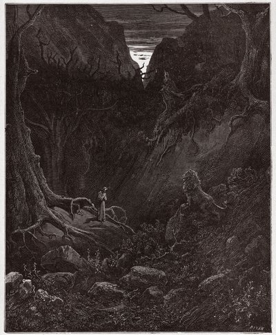 Božská komedie (La Divina Commedia, La Divine Comedie), Inferno, Canto 1: Lev se náhle střetne s Dantem - od Dante Alighieri (1265-1321) - Ilustrace Gustave Dore (1832-1883) od Gustave Dore