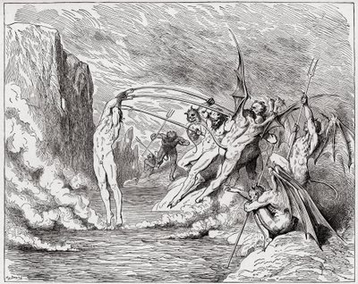 Božská komedie (La Divina Commedia, La Divine Comedie), Inferno, Canto 21: Ďáblové mučí barrátory - Dante Alighieri (1265-1321) - Ilustrace Gustave Dore (1832-1883) od Gustave Dore