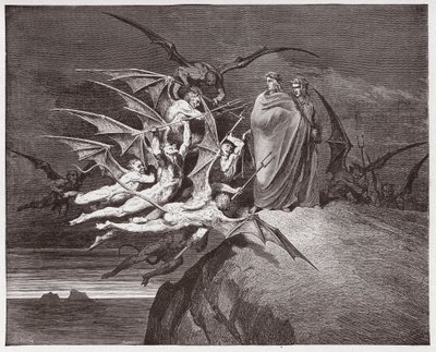 Božská komedie (La Divina Commedia, La Divine Comedie), Inferno, Canto 21: Démoni ohrožují Virgila - Dante Alighieri (1265-1321) - Ilustrace Gustave Dore (1832-1883) od Gustave Dore